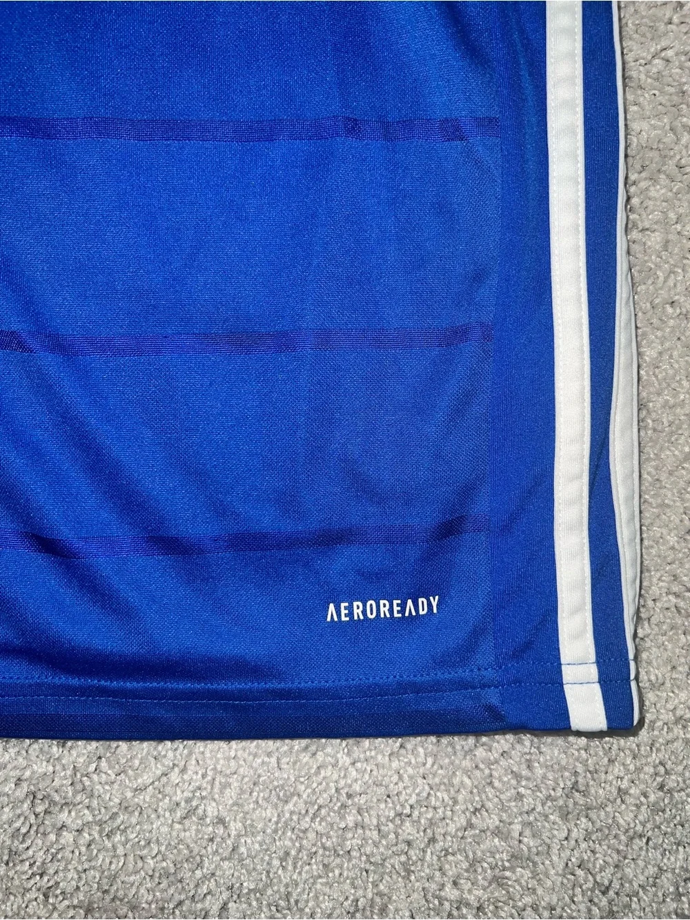 adidas Blue Short Sleeve Athletic Tee with White Stripes